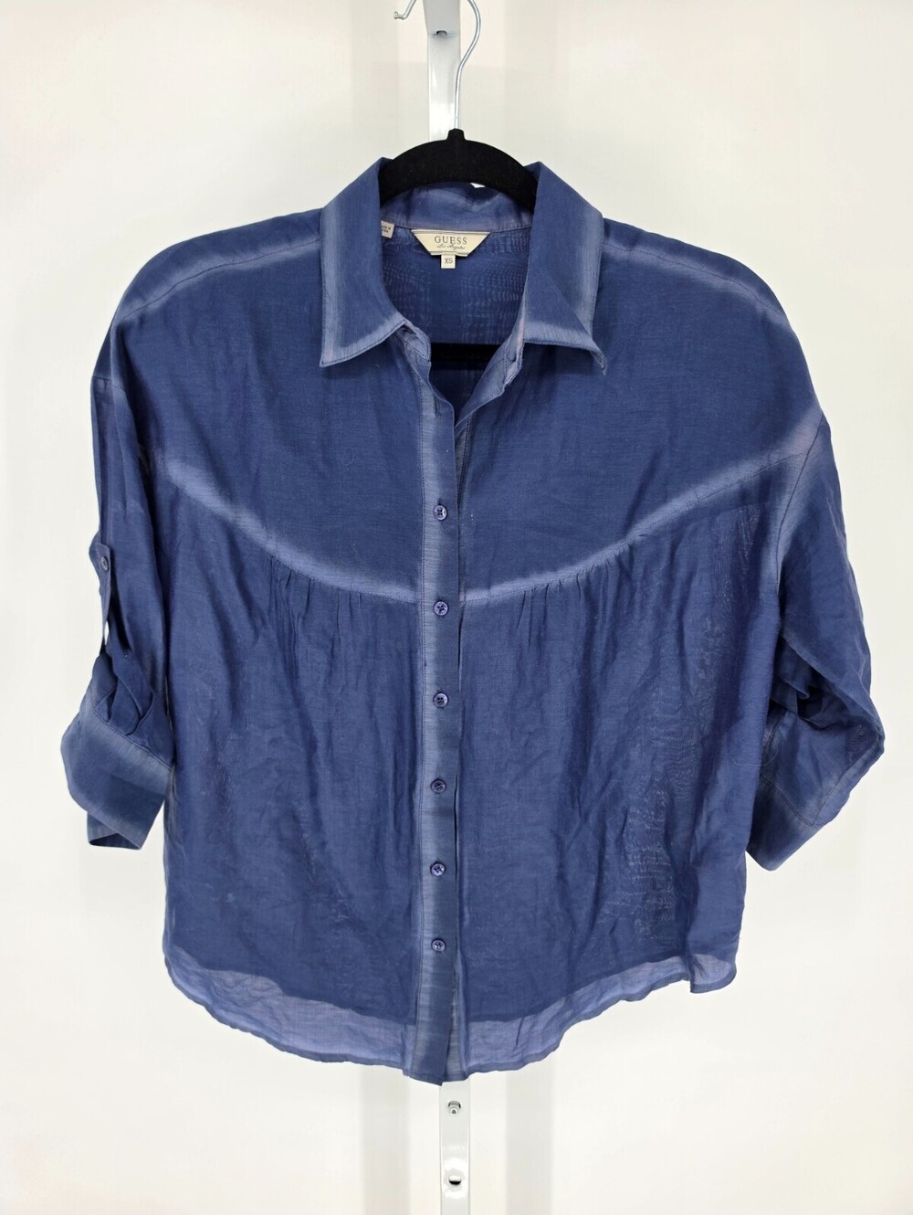 Guess Womens Sz XS Popover Tab SleeveBlouse Blue Chambray Western